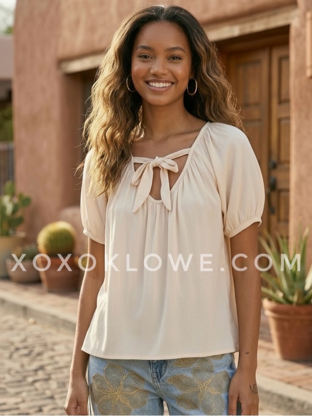 POL Cream Tie Neck Puff Sleeve Blouse | Bow Front Short Sleeve Top